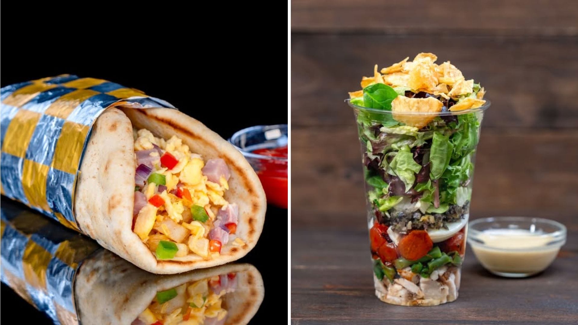 A breakfast burrito and a layered salad in a cup are shown side by side, perfect for a tasty Disneyland breakfast.