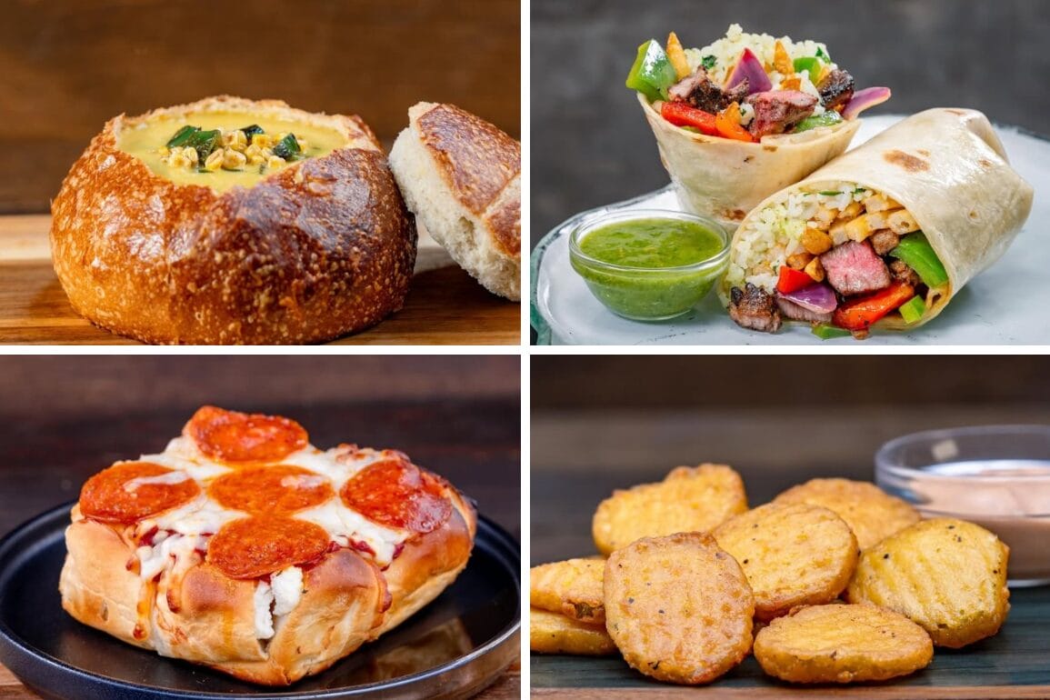 Collage of four foods: soup in a pizza bread bowl, veggie wrap, pepperoni pizza, and nuggets—new food items on Disneyland savory menu.