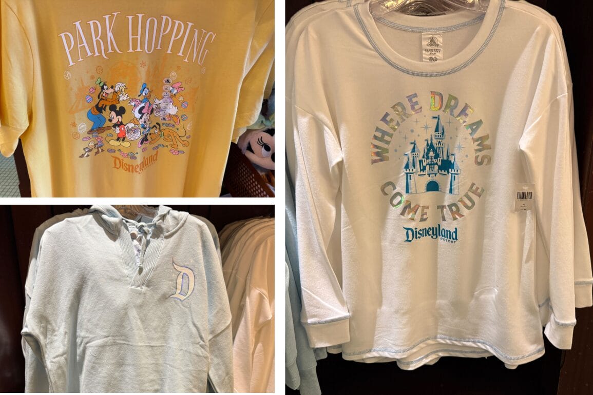 Three Disneyland Park shirts: a yellow tee with Disney characters, a white top featuring Sleeping Beauty Castle and "Where Dreams Come True" text, and a light green hoodie with a "D" logo. Enjoy the magic of park hopping apparel!.