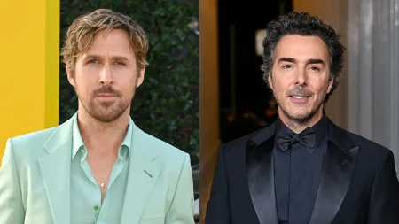 Two men stand side by side, both in suits. The man on the left is in a light green suit reminiscent of Ryan Gosling's style, while the man on the right sports a dark suit with a bow tie, looking like he's ready for a 2027 release date premiere event.