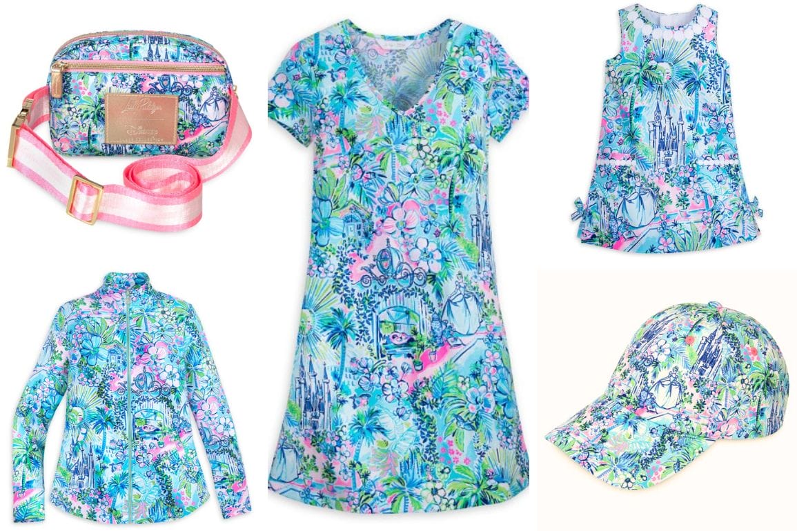 Bright, tropical-patterned clothing and accessories, including a Lily Pulitzer dress, jacket, hat, and bag with enchanting castle and floral designs from the Cinderella Collection.