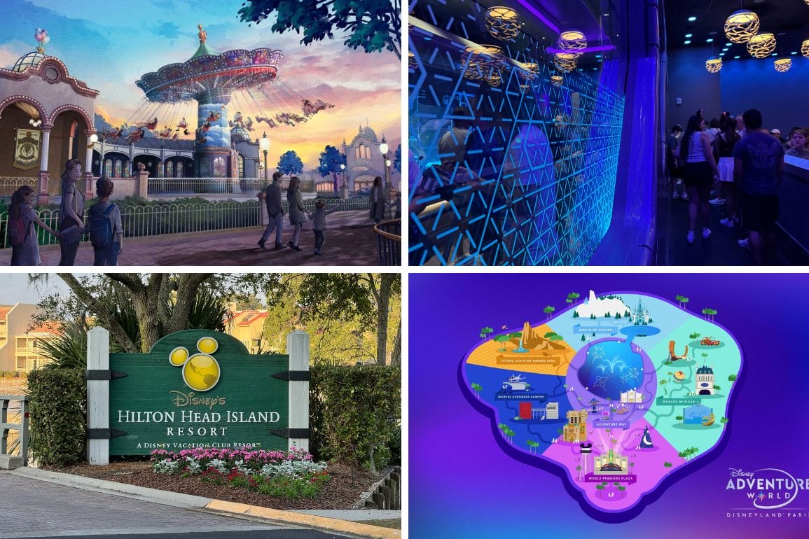 Collage of four images: an amusement park illustration, people in a futuristic blue-lit space, the Disney Hilton Head Island Resort sign, and a colorful adventure world map evoking the thrill of Guardians of the Galaxy's Cosmic Rewind.
