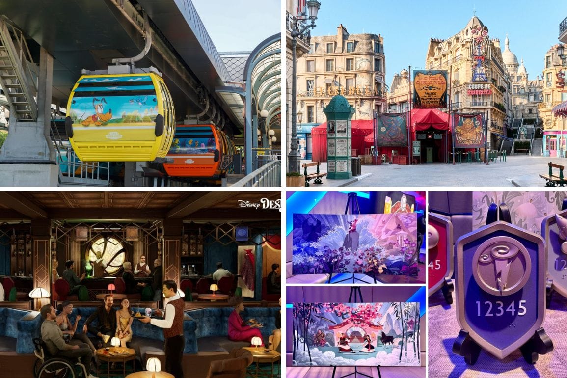 A collage of theme park attractions showcases vibrant gondolas from the Disney Skyliner, a lively street with vintage architecture, a cozy restaurant, animation displays, and an entrance sign with the number 12345, temporarily closed for refurbishment.