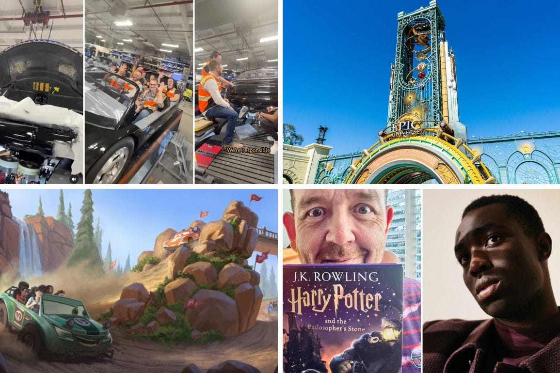 A collage featuring Imagineering at work: a Test Track ride in development, a theme park entrance, ride concept art, a person holding a Harry Potter book, and a portrait of another person.