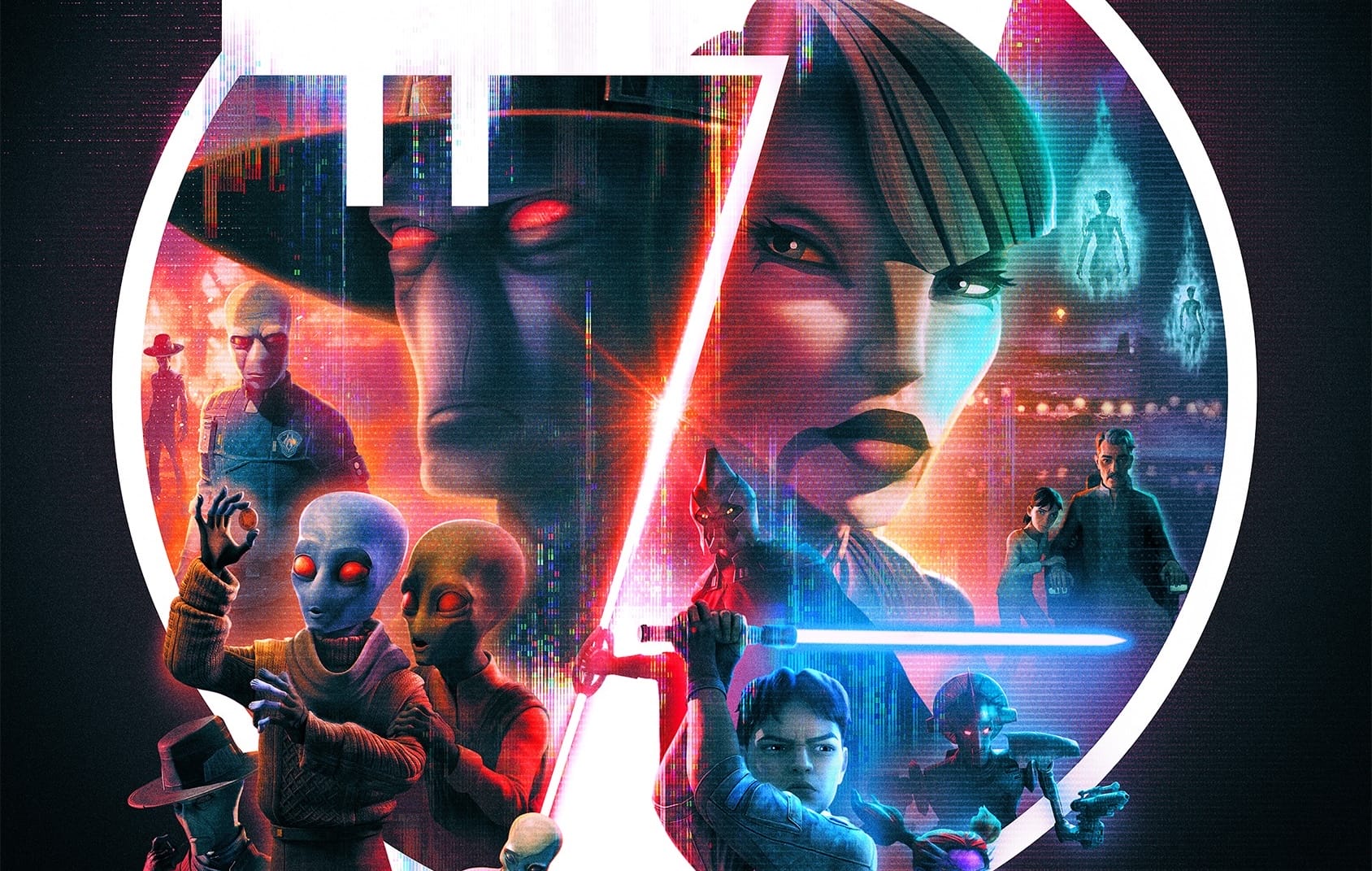 Collage of animated characters with futuristic and sci-fi themes, featuring stylized figures holding weapons, holographic elements, and a large number seven in the center. Among them are Asajj Ventress and Cad Bane from Star Wars, adding a dash of intergalactic intrigue.