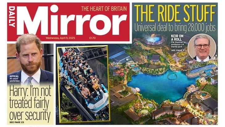 Daily Mirror front page highlights Prince Harry court news, a thrilling roller coaster image, and exciting Concept Art unveiling for a Universal Studios theme park set to arrive in Great Britain.