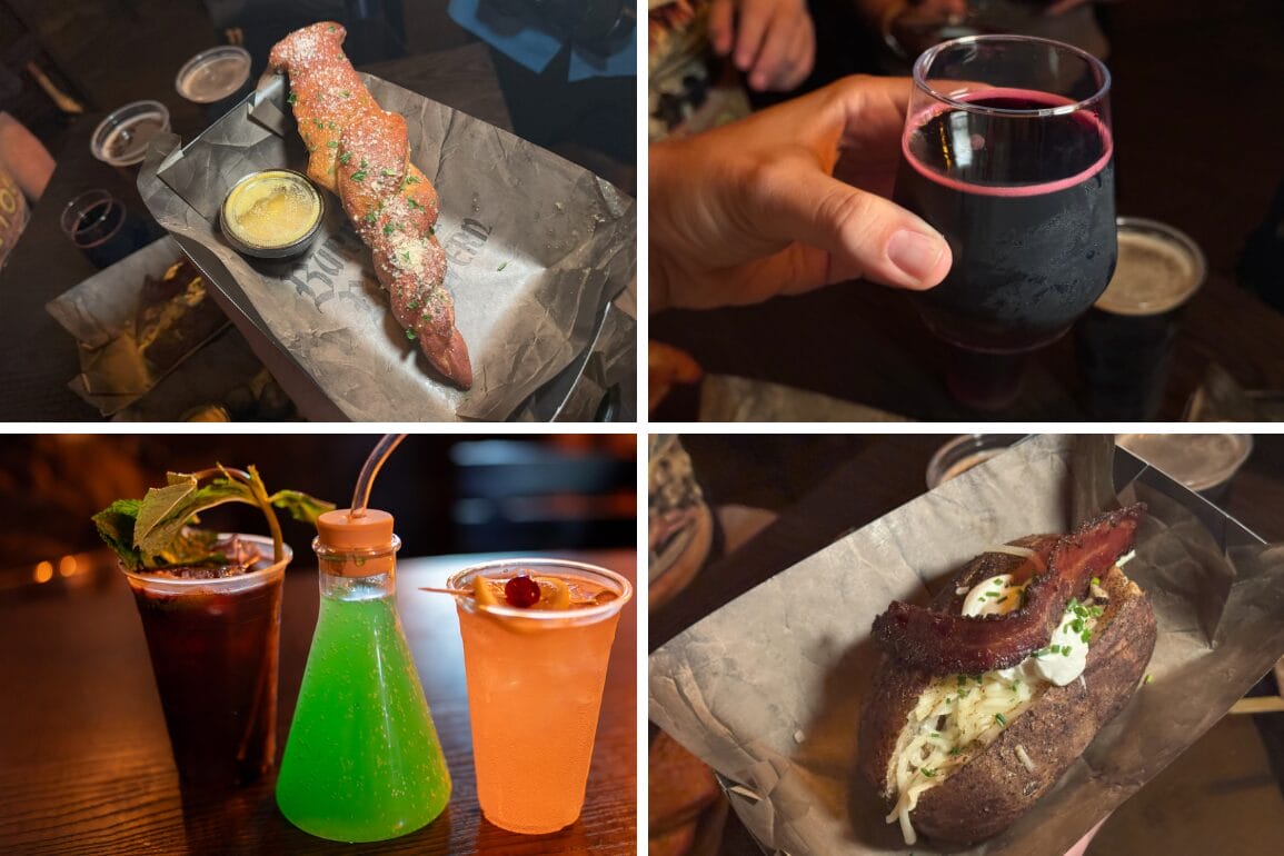A soft pretzel with dip, cocktails, and a baked potato—classic fare at The Burning Blade Tavern.