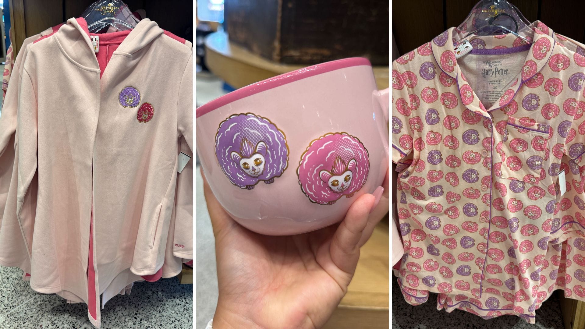 Three images: a pink hoodie, a Pygmy Puff mug, and pajamas with the same Harry Potter creature pattern.