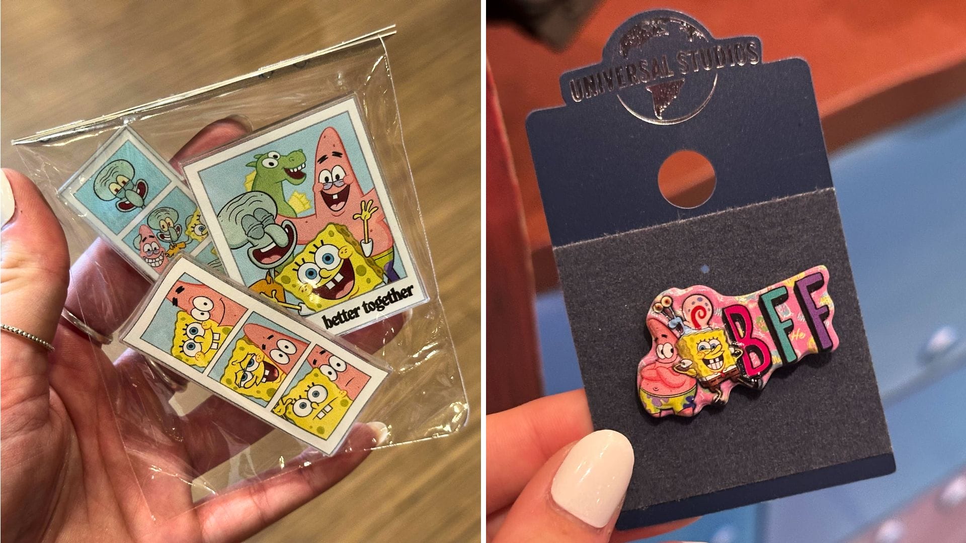 Two images of SpongeBob-themed items: On the left, sticker sheets of various characters; on the right, a SpongeBob SquarePants pin with SpongeBob and Patrick labeled "BFF" from Universal Orlando Resort.