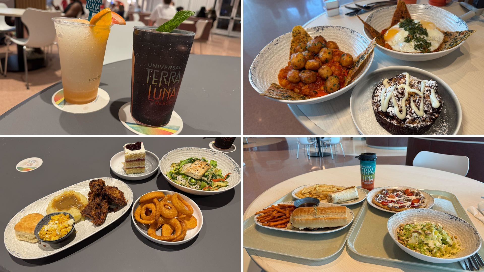 A delightful collage of culinary delights: refreshing cocktails and drinks, a scrumptious dish with meatballs and dessert, plates brimming with fried chicken and sides, alongside meals featuring sandwiches and salads. It's a terra luna spread of flavors on a table in an inviting dining area.