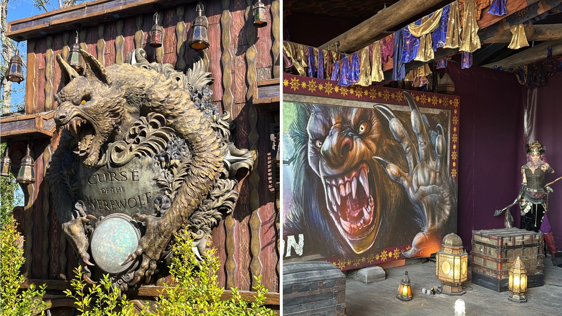 Left: A detailed sculpture of a snarling werewolf head with a "Curse of the Werewolf" sign. Right: A painted Curse of the Werewolf backdrop, treasure chests, and a figure in fantasy armor.