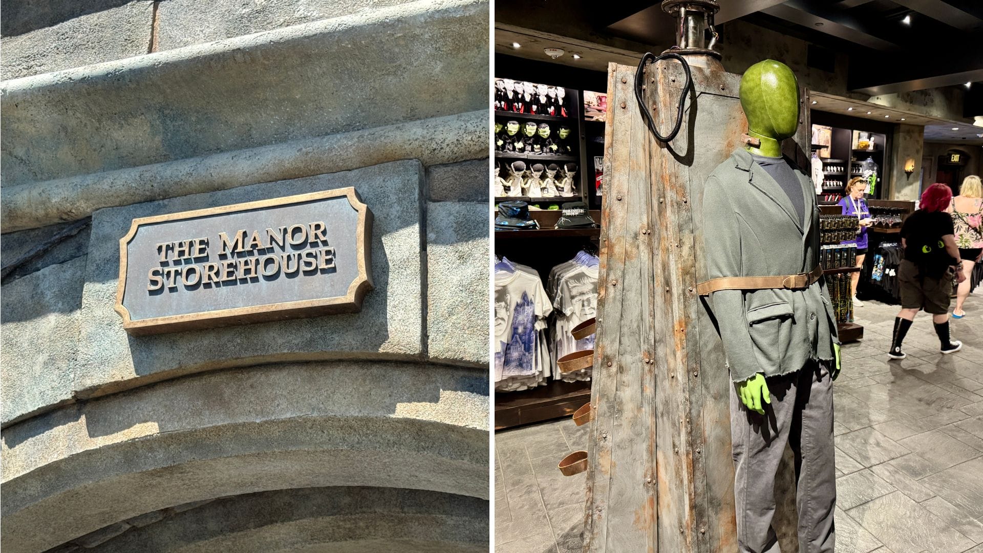 Left: The Manor Storehouse sign; Right: Frankenstein’s monster mannequin in the themed Manor Storehouse retail store.