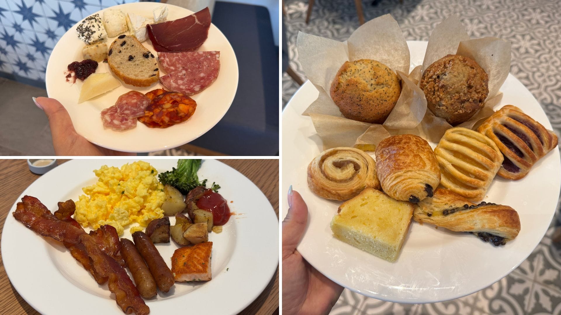 Flora Taverna breakfast: cured meats, cheese, scrambled eggs, and assorted pastries on white plates.