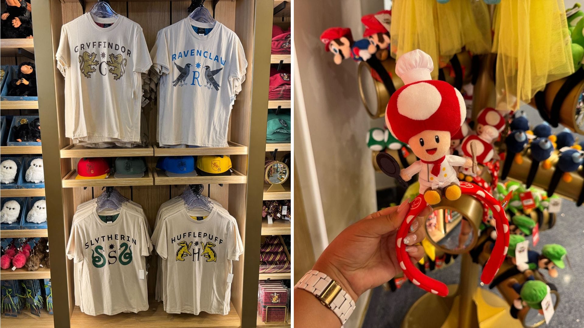 Four Harry Potter house t-shirts are displayed on shelves, while a hand holds a headband with a plush chef character from the Mario franchise—discover this fun new merchandise at the Universal Helios Grand Hotel gift shop.