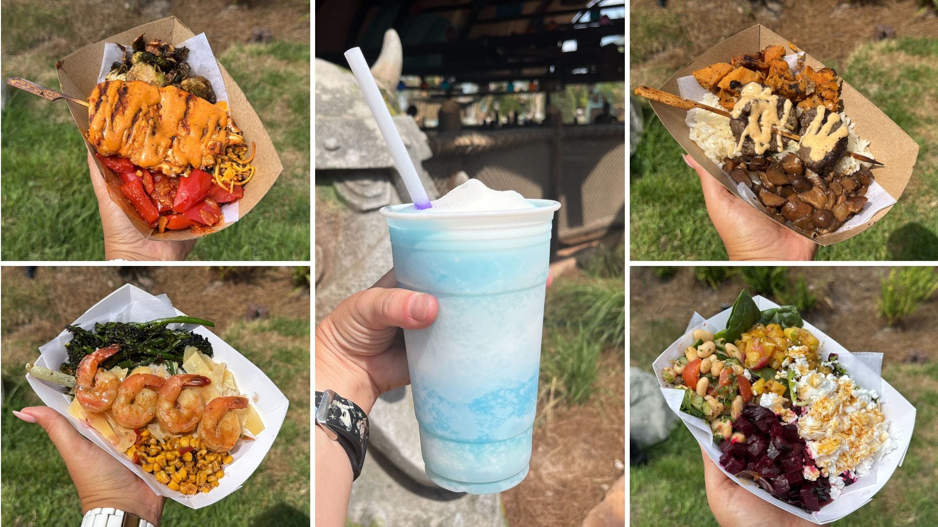 Collage of five hand-held dishes from Spit Fyre Grill and a blue frozen drink, all held outdoors with greenery in the background.