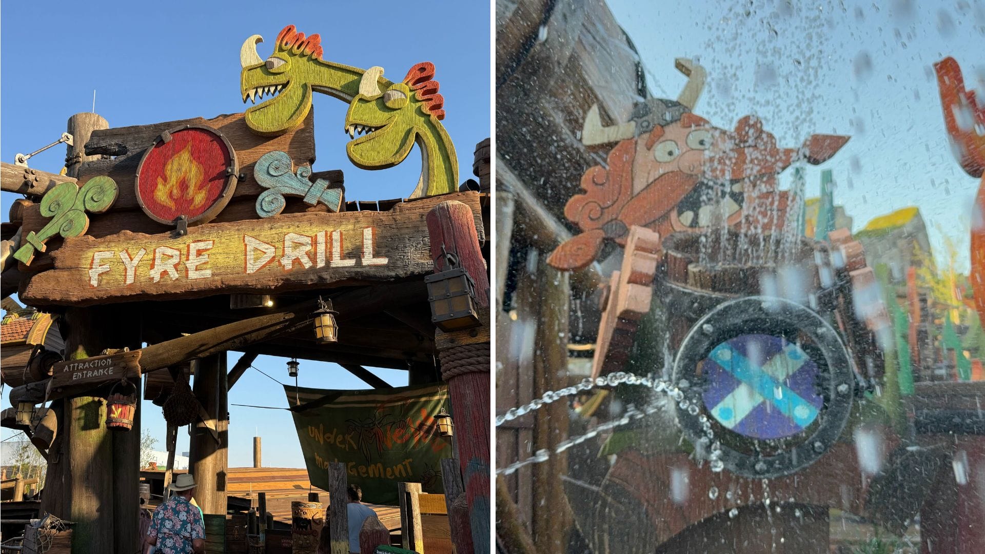 Split image shows: left, a wooden Fyre Drill sign with dragon heads; right, a Viking cartoon character getting drenched at this thrilling Fyre Drill theme park attraction.