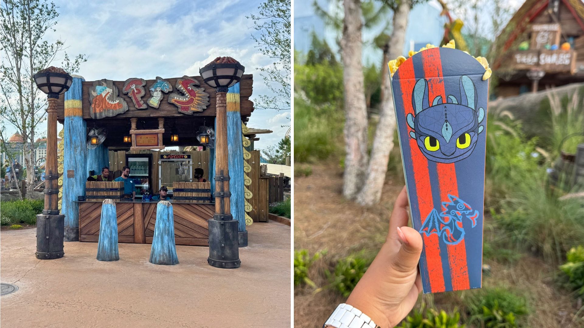 Left: Epic Universe Popcorn Kiosk. Right: Hand holding Toothless popcorn box at How to Train Your Dragon Isle of Berk.