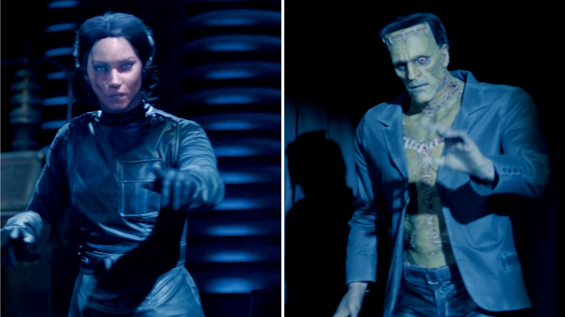 In a dimly lit scene, two figures emerge from the shadows; one, dressed in a dark outfit, stands opposed to what seems like Frankenstein's monster donned in a suit jacket. Their dramatic poses hint at an Epic Universe where Monsters Unchained brings legends like Victoria Frankenstein Animatronic to life.