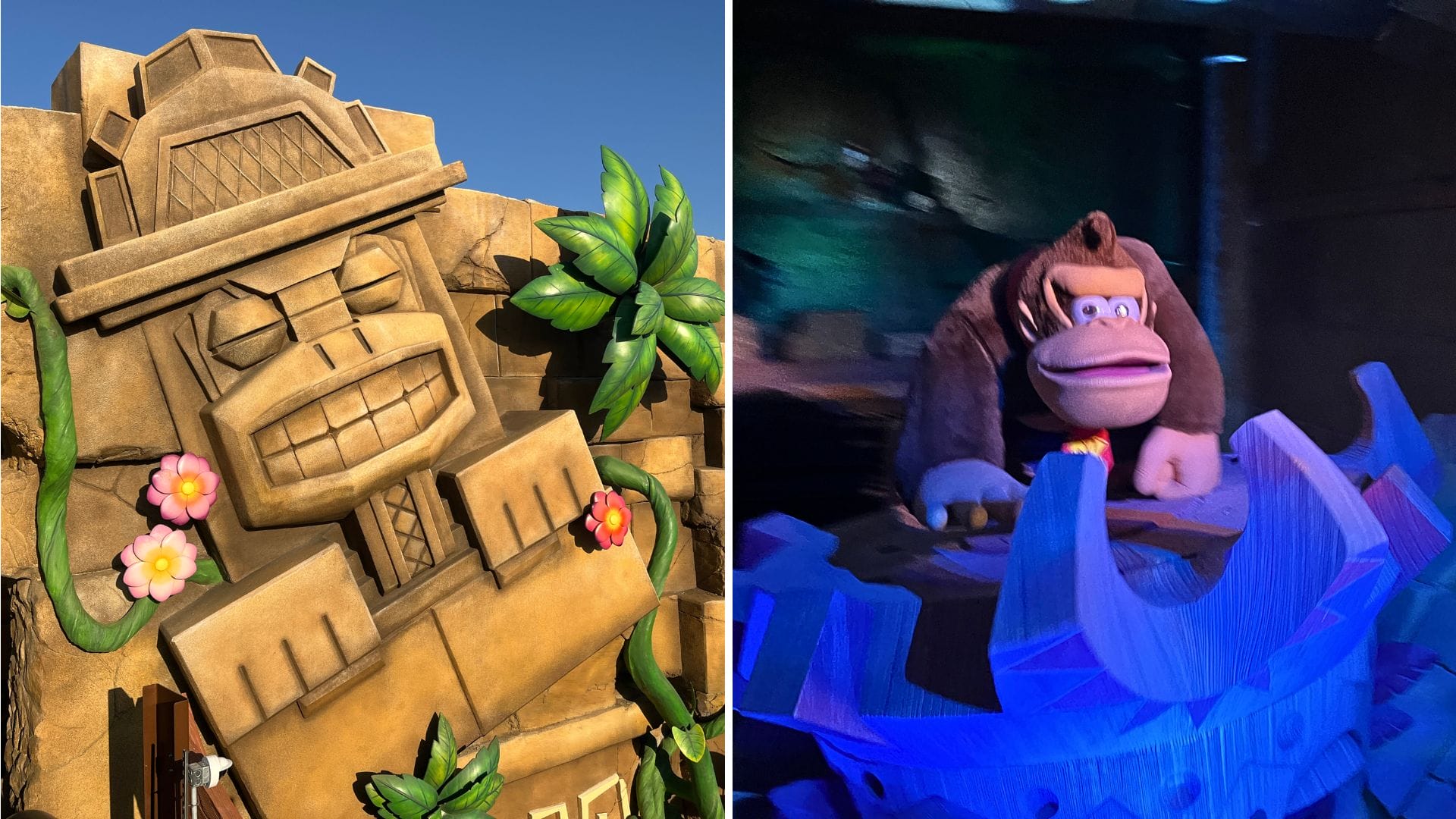 A split image showing a stone tiki structure with plants on the left and a Donkey Kong animatronic in a blue-lit environment on the right, evoking the adventurous spirit of Donkey Kong’s mine-cart madness.