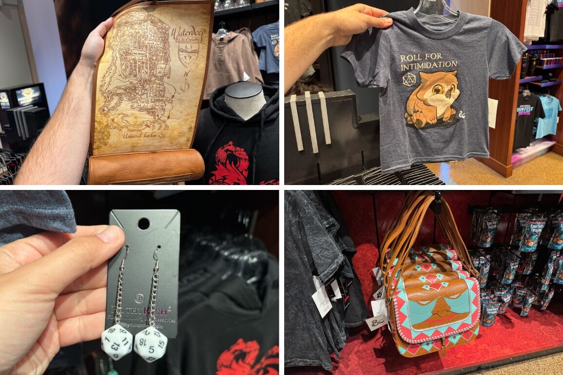 A collage of fantasy-themed merchandise: a Dungeons & Dragons map, T-shirt, dice earrings, and a fox-patterned tote bag.