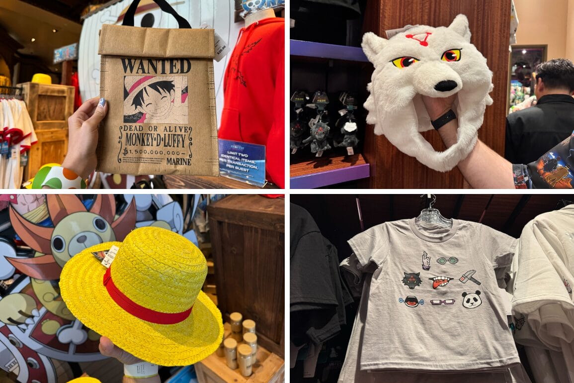 Collage featuring Jujutsu Kaisen and One Piece merch: wanted poster bag, white wolf hat, straw hat, and cartoon icon tee.