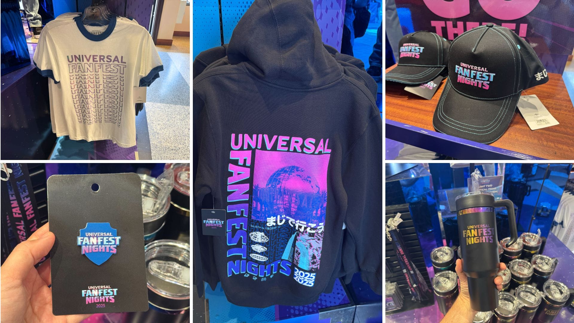 Collage of Universal Fan Fest Nights 2025 branded merchandise: shirts, hoodie, hats, lanyard, cup, and bottle on display.