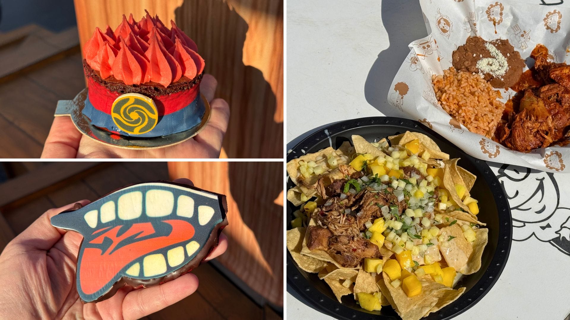 A collage of anime-themed desserts and nachos inspired by Jujutsu Kaisen sits on a white table.