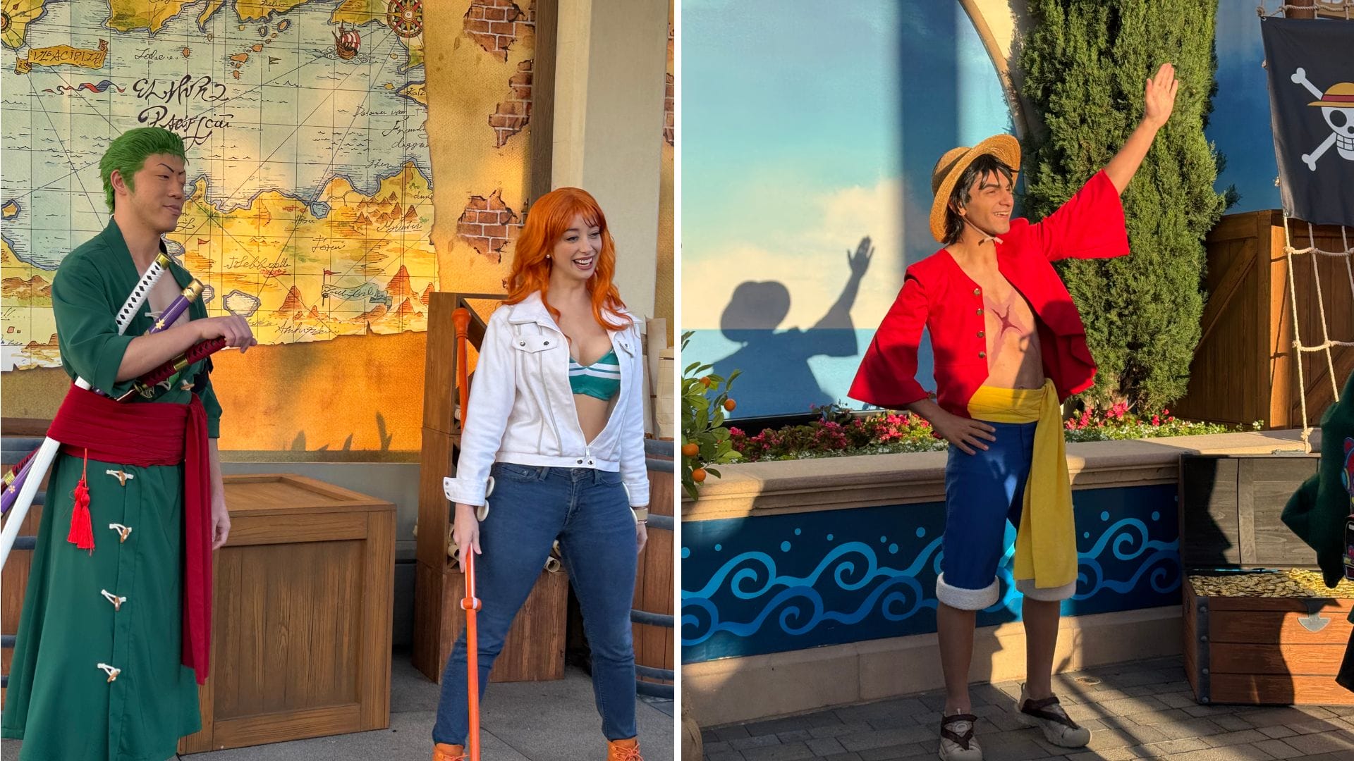 Cosplayers as Zoro, Nami, and Luffy wave on a pirate stage at Universal Fan Fest Nights' ONE PIECE character meet and greet.
