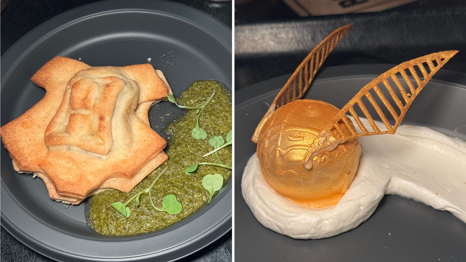 Enjoy a 3-course meal with Harry Potter-themed dishes at Universal Fan Fest: golden Snitch dessert & Hogwarts crest pastry.