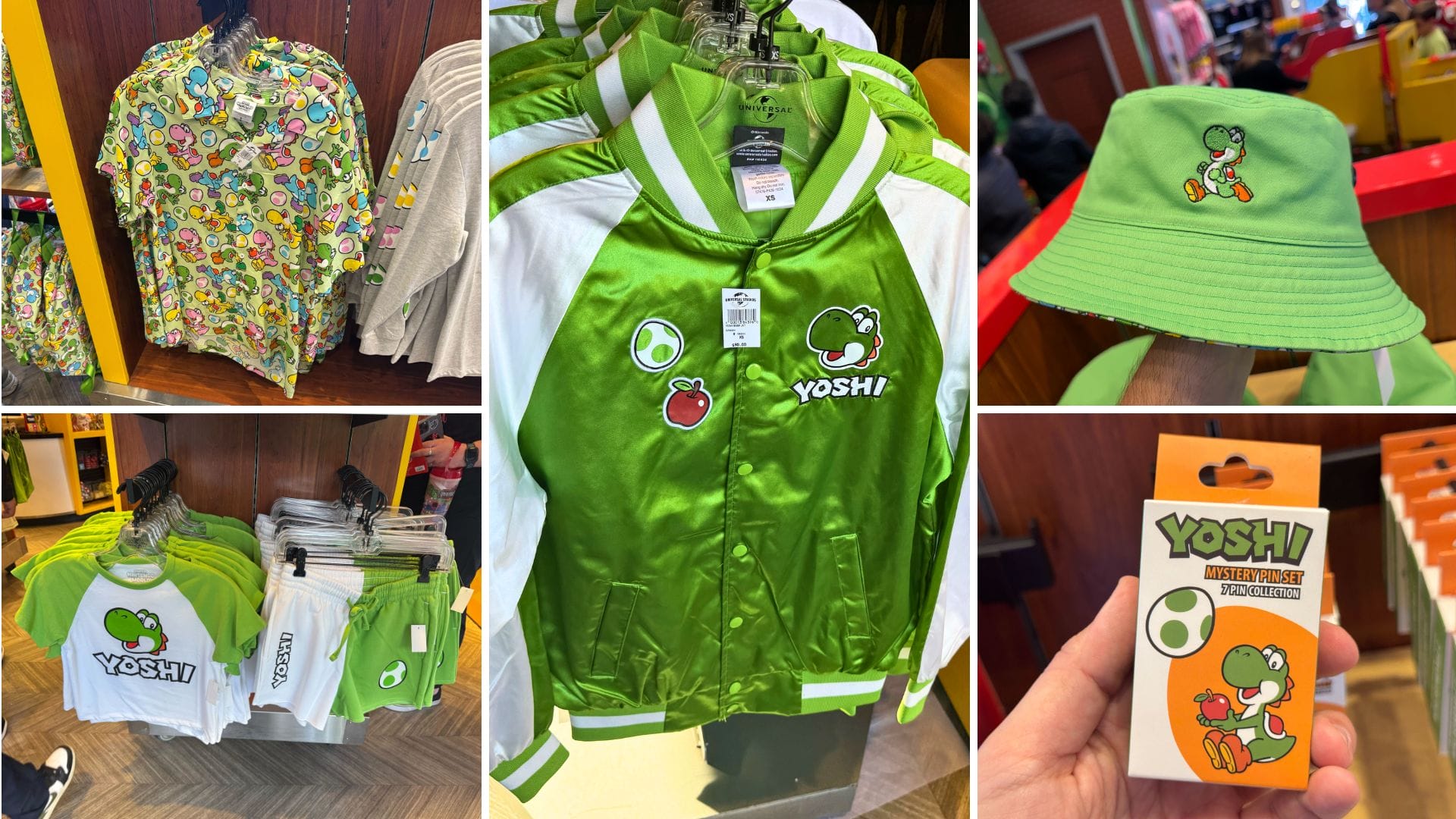Collage of Yoshi merchandise at Universal Studios Hollywood, featuring shirts, a jacket, a green bucket hat, and a keychain.