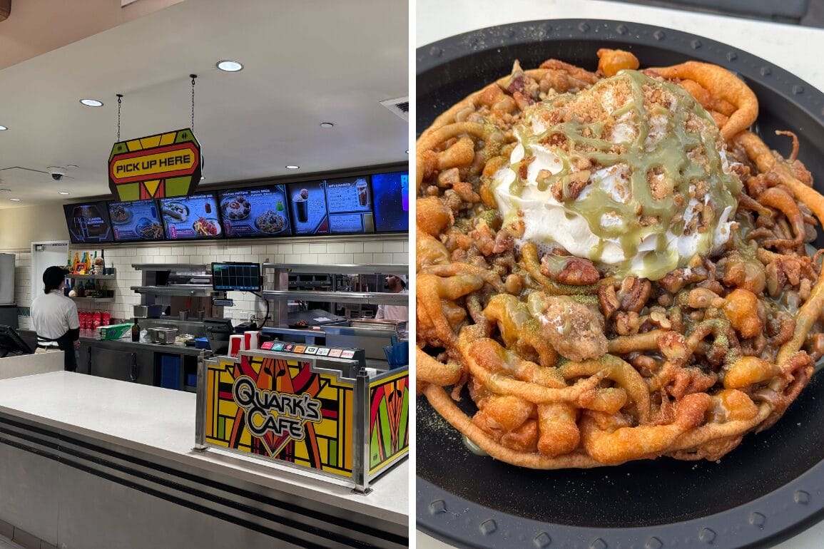 Left: Quark's Cafe retro counter; right: Funnel cake with whipped cream and green sauce—Star Trek Universal Fan Fest Nights.