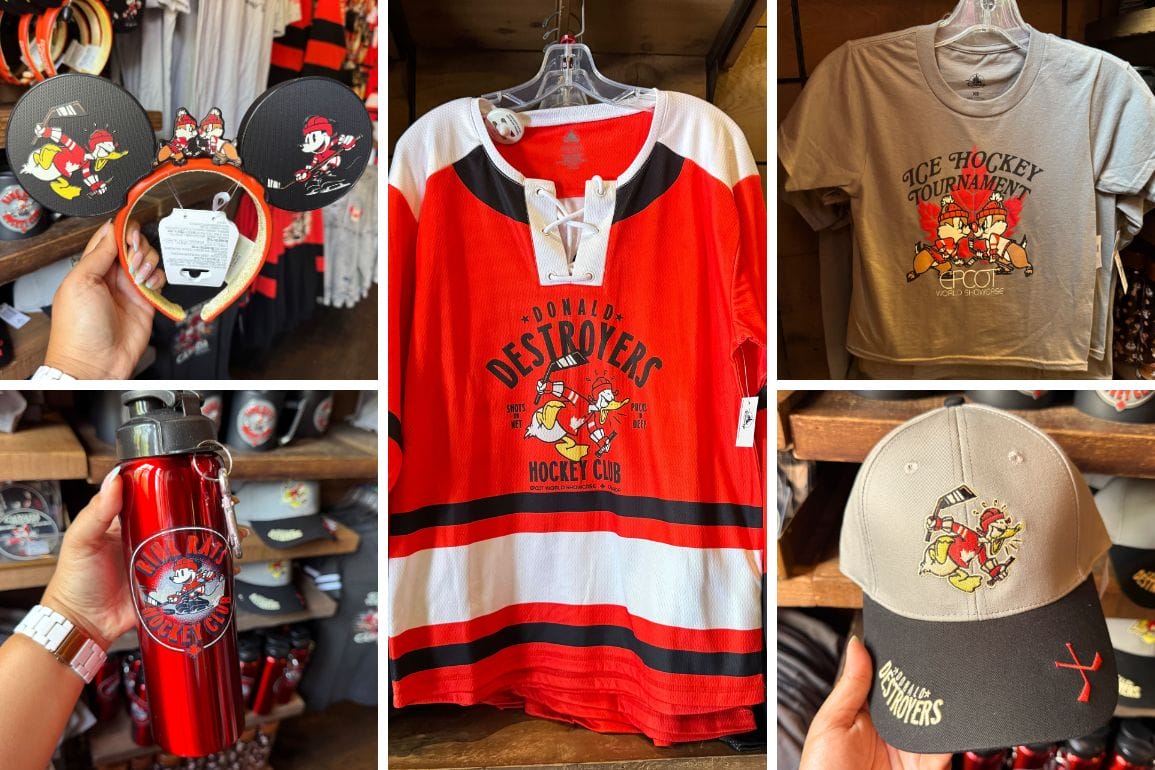 Collage of Mickey and friends hockey merchandise features Donald Duck-themed shirts, hat, water bottle, and Mickey ears—all with a lively hockey motif.
