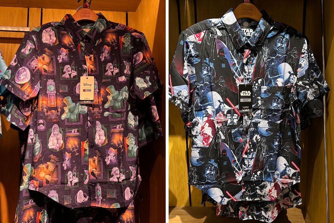 Two patterned RSVLTS shirts hang on display: the left shirt boasts Disney Haunted Mansion designs, perfect for any Walt Disney World enthusiast, while the right showcases iconic Star Wars characters.
