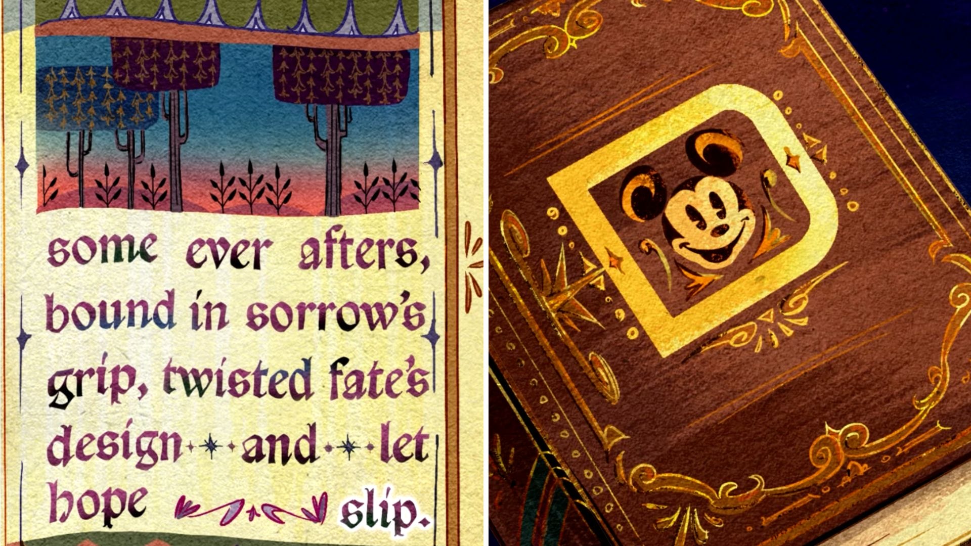 Left: Stylized storybook text. Right: Ornate book cover with gold Mickey Mouse, inspired by Walt Disney World magic.