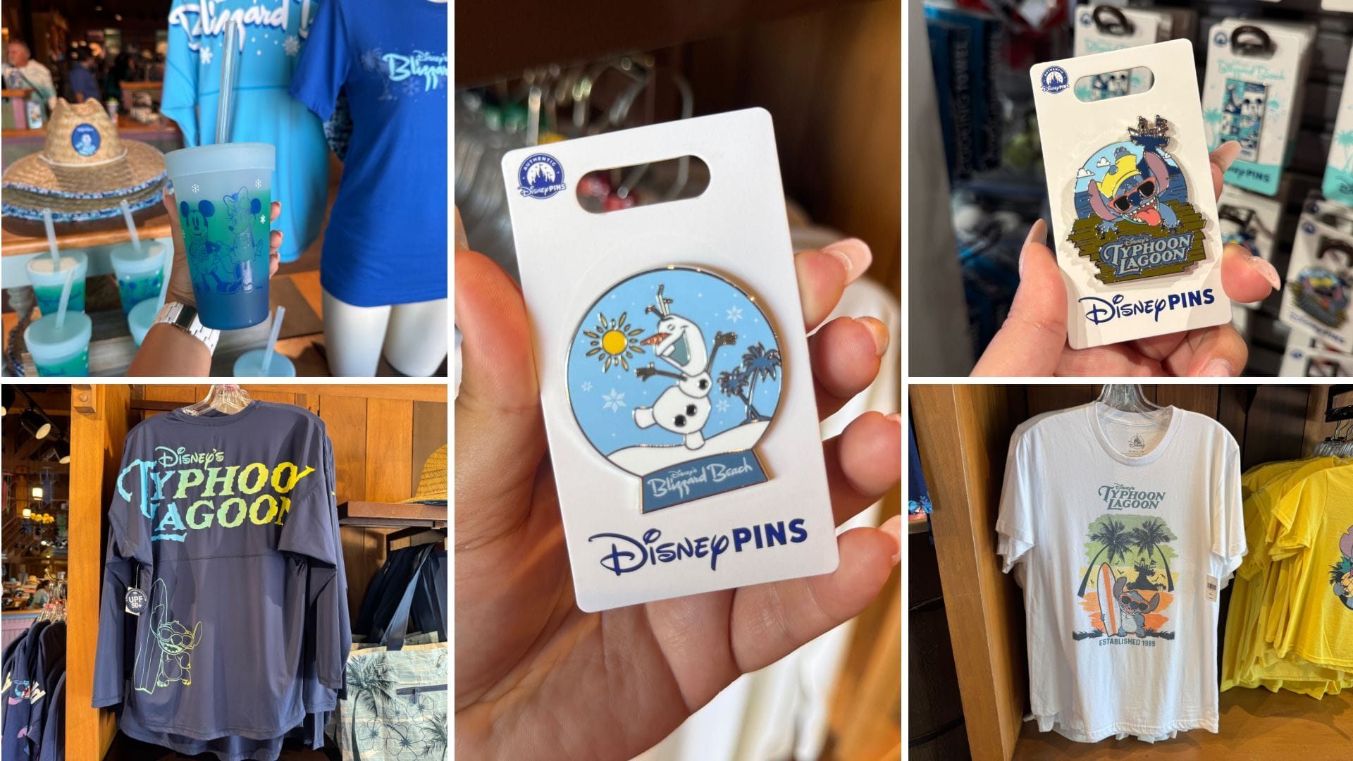 Collage of Disney's Typhoon Lagoon merchandise, including shirts, pins, and cups featuring tropical designs with Olaf and other Disney characters.