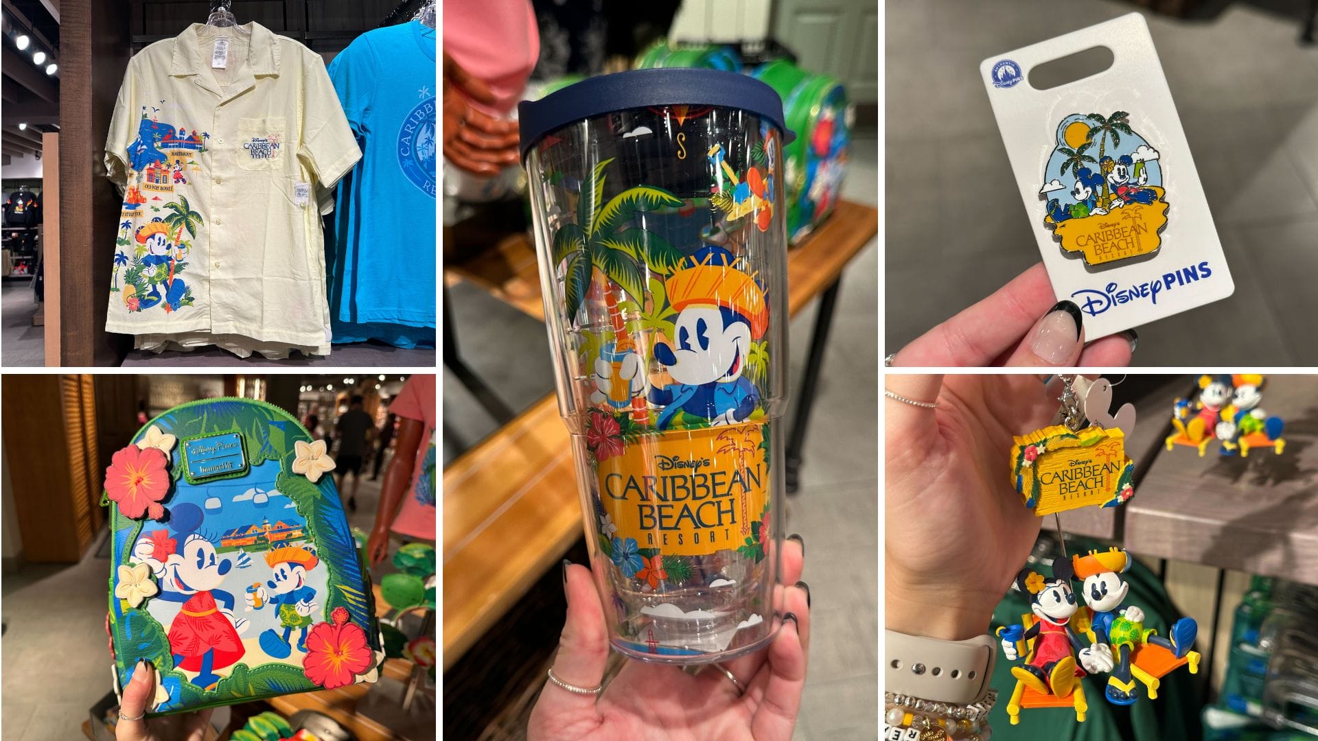 Collage of Disney's Caribbean Beach Resort merch: shirt, tumbler, backpack, pin, and ornament featuring Donald Duck.