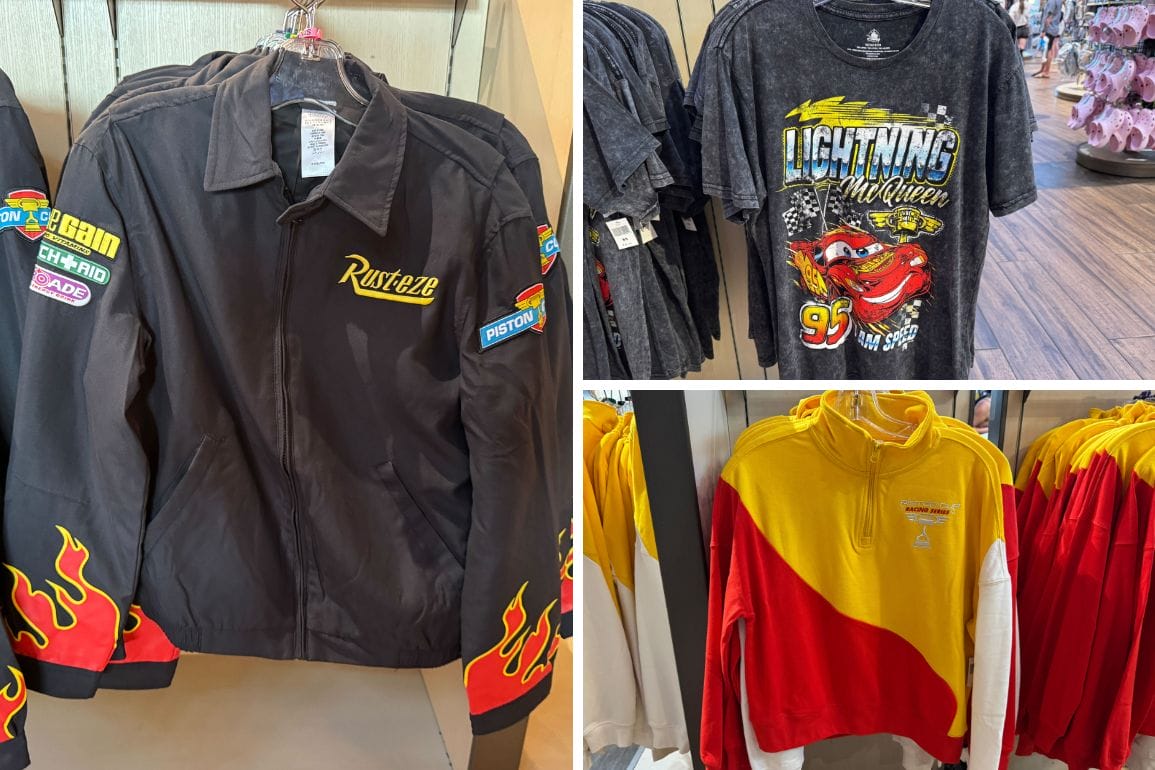 A black racing jacket with flame cuffs, a Lightning McQueen graphic tee, and a red and yellow color-blocked pullover from the exciting new Cars Apparel Collection are displayed on hangers.