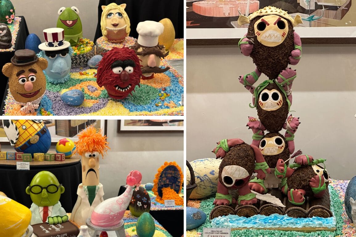 Assorted Muppet-themed cakes, featuring Kermit, Miss Piggy, and others, displayed on colorful grated backgrounds. This delightful collection includes a special nod to Muppet Labs with whimsical designs alongside Chocolate Easter Eggs for a fun twist.