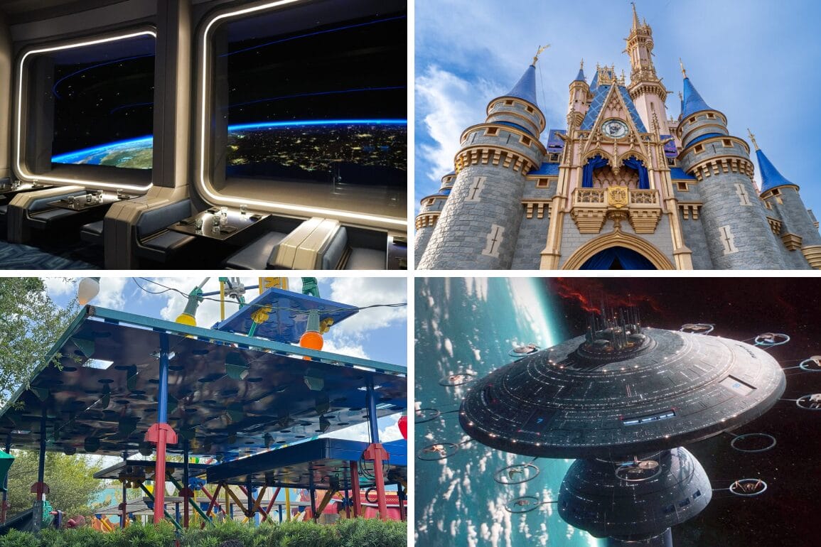 A split image reveals a Space 220 Restaurant with its futuristic charm, a fairy-tale castle, an outdoor play area, and a massive orbiting space station, capturing the perfect setting for an out-of-this-world lunch.