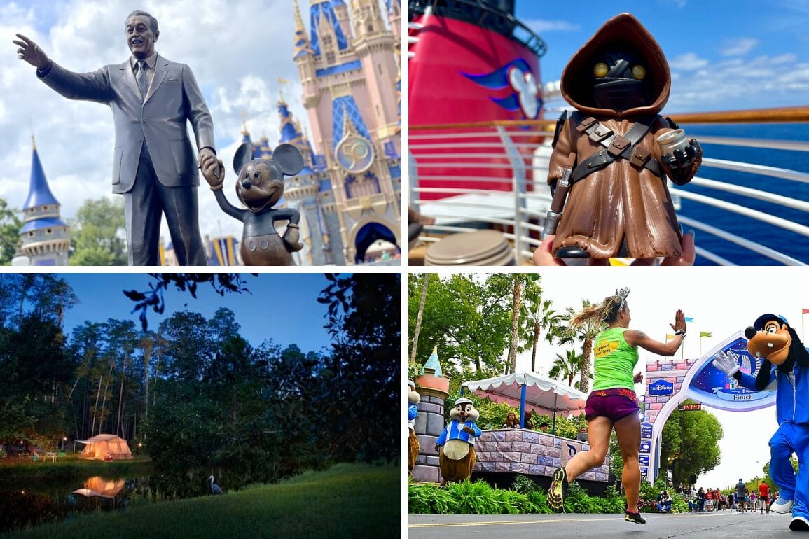 Daily recap: Four Disney-themed scenes—castle statue, Star Wars cup, lakeside tent, and a runner finishing a race.