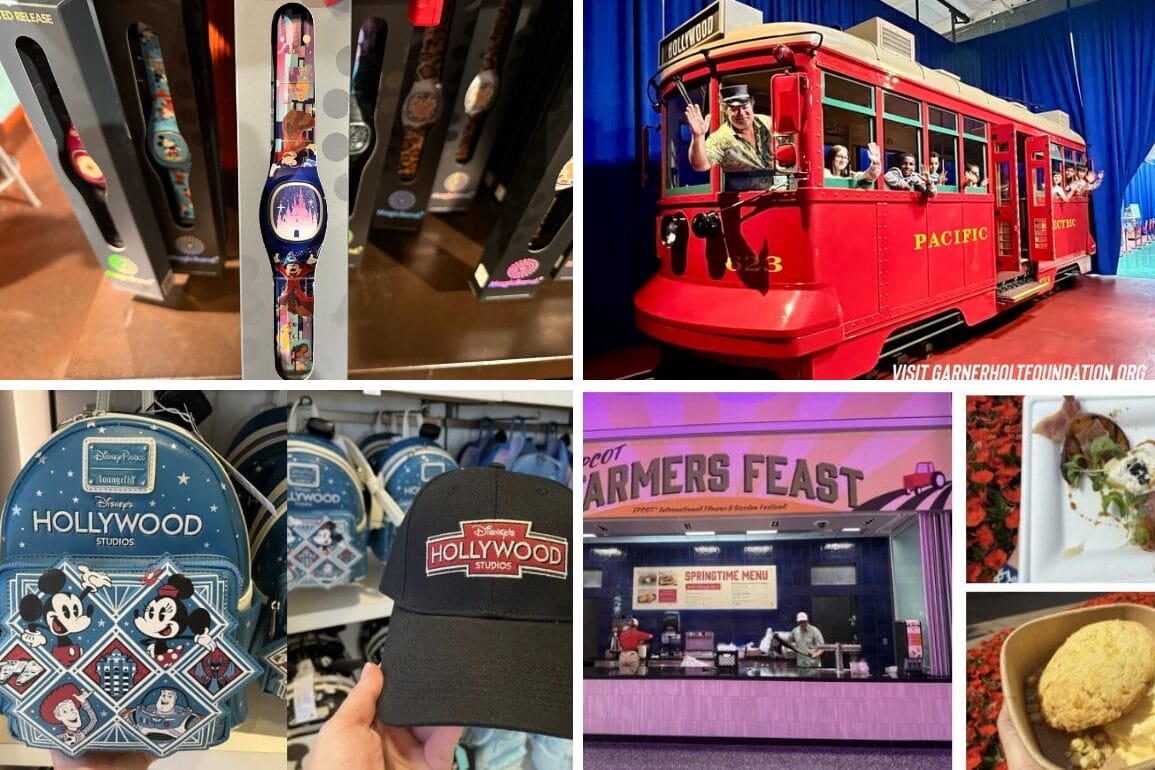 Collage of theme park scenes: MagicBand+ watches display, vintage red trolley, Sorcerer Mickey-themed merchandise, outdoor food stall, and a plate of tacos with rice.