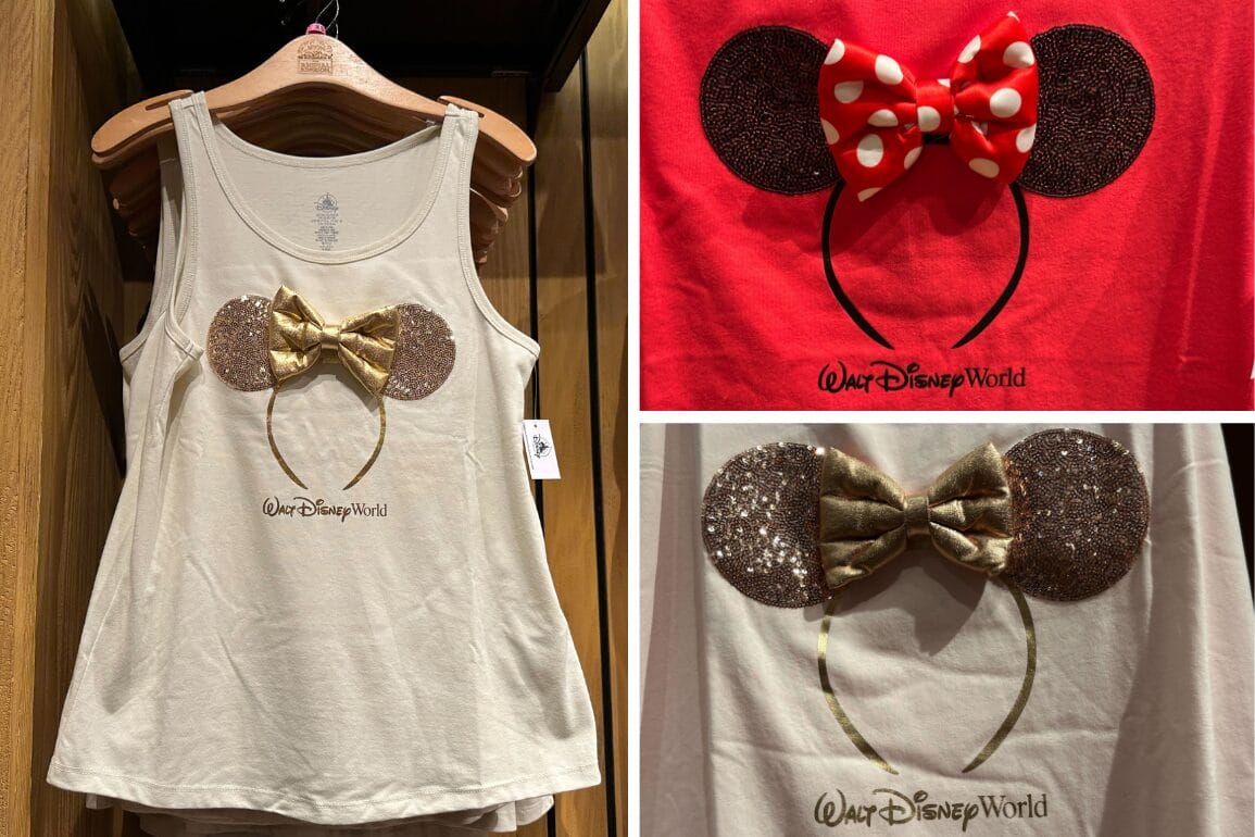 Apparel featuring Minnie Mouse ear designs and bows includes a tank top and two shirts, perfectly displayed on hangers. Ideal for your next trip to Walt Disney World, these pieces embody the magic of Disney with their playful Minnie Ear Headband motifs.