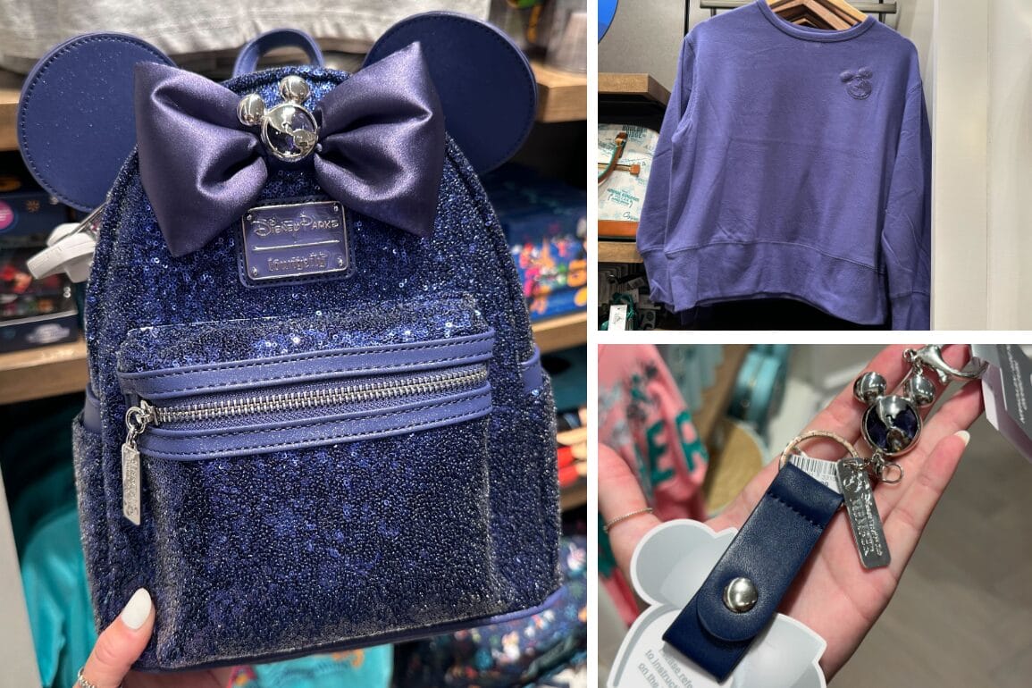 A collage of Disney merchandise features a glittery Loungefly Mickey Mouse ear backpack, a purple sweatshirt, and a charming purple keychain with a Mickey Mouse charm—perfect for your next Walt Disney World adventure.
