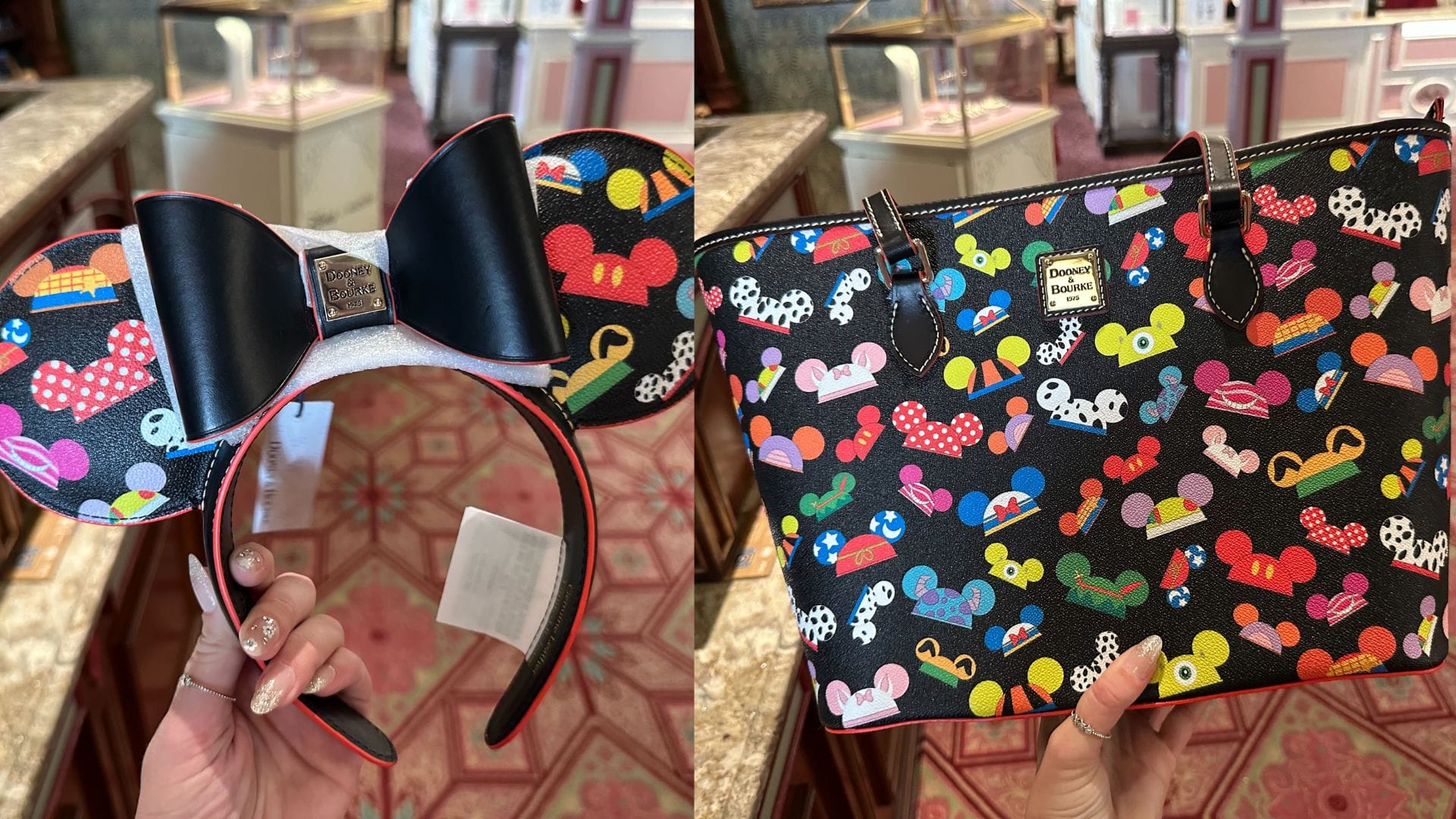 A hand holds a Disney-themed ear headband and Dooney & Bourke handbag, both featuring colorful patterns of Mickey-inspired designs.