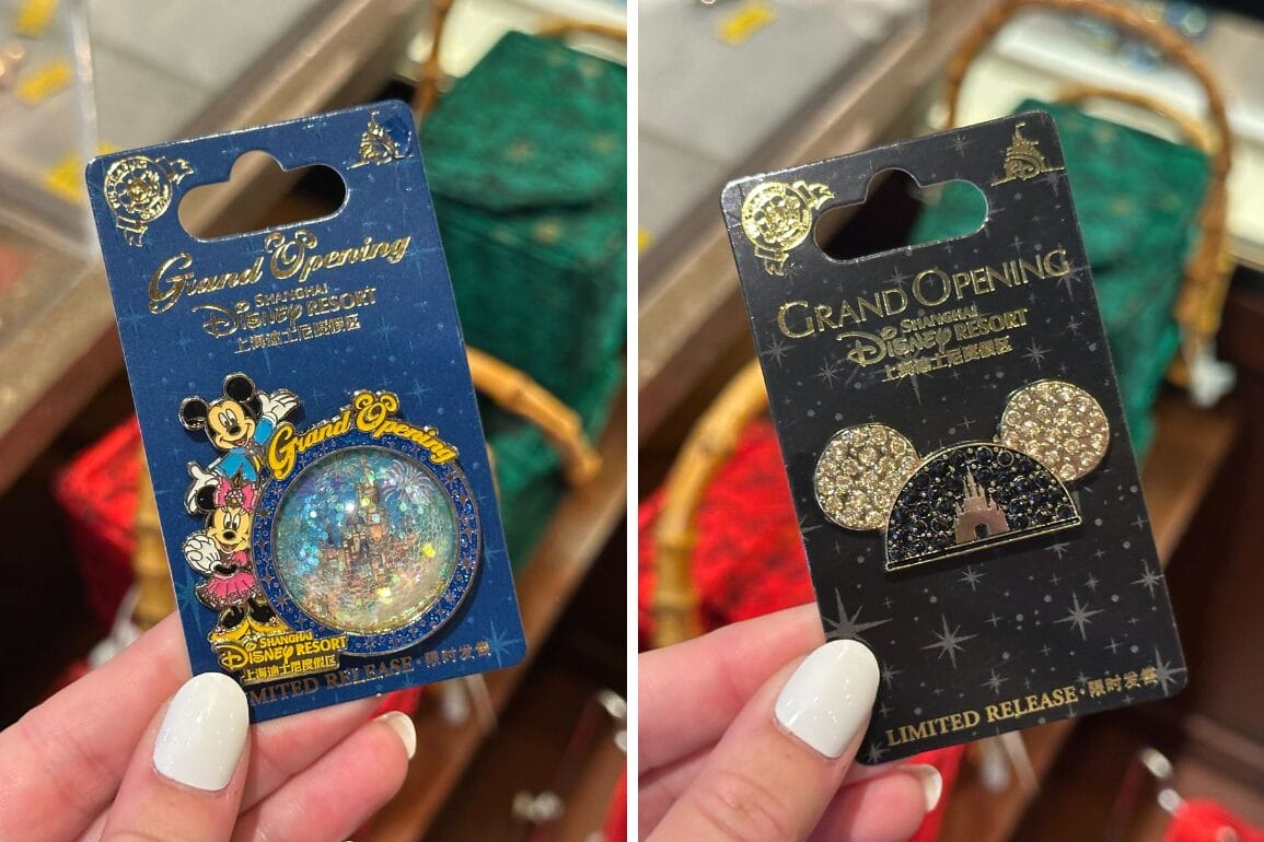 Celebrate the grand opening with these exclusive Disney Resort pins. The left pin features Mickey, Minnie, and a globe, while the right showcases iconic Mickey ears with a castle silhouette—perfect treasures from the Shanghai Disney Resort experience.