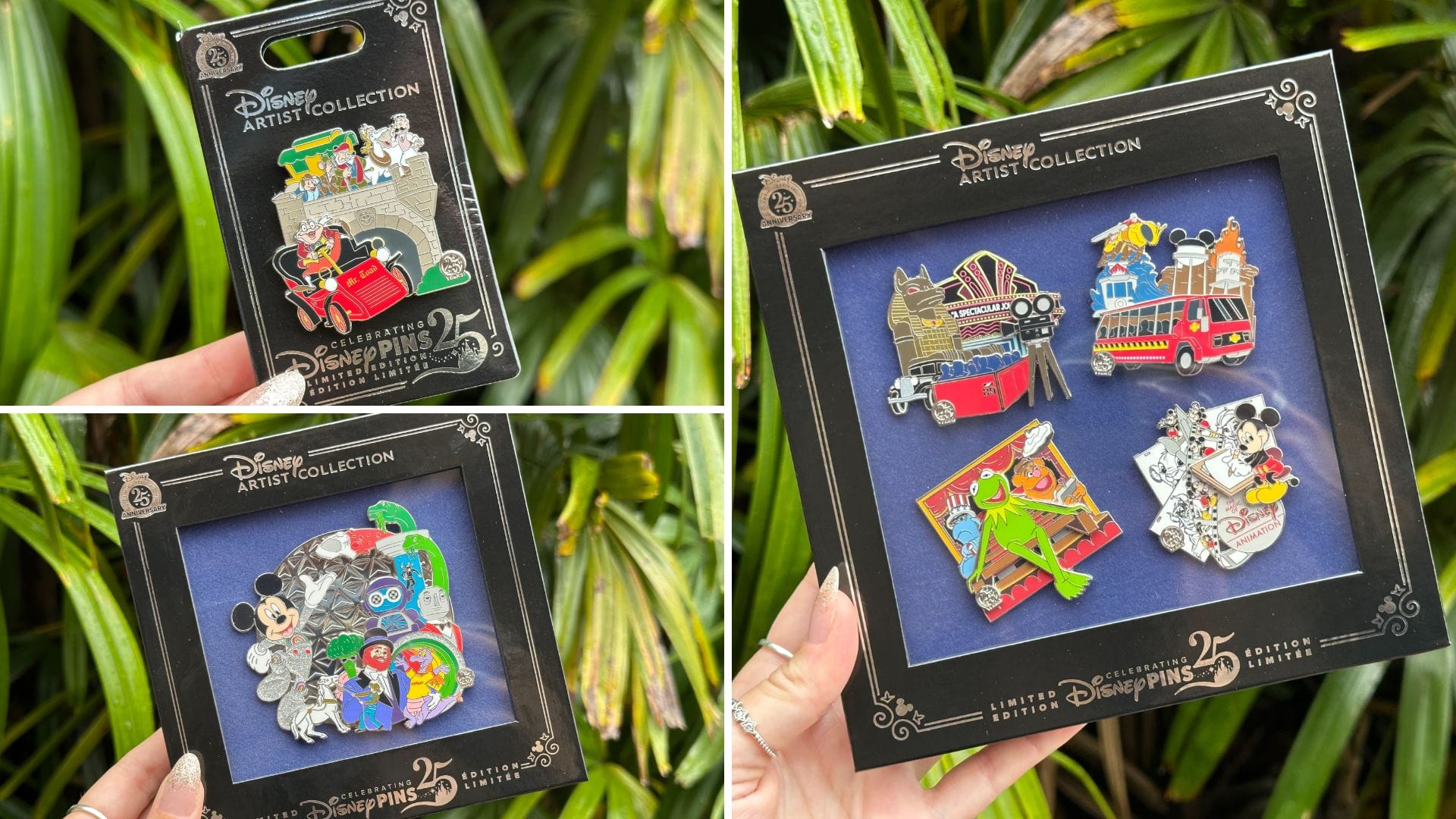 Three images showcase pins from the Disney World Artist Collection, featuring beloved Disney characters and scenarios, set against a lush backdrop of green leaves.