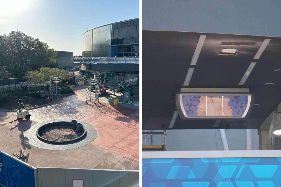 Construction site with machinery and round pit on left; test track visible; close-up of a security camera or sensor on right.