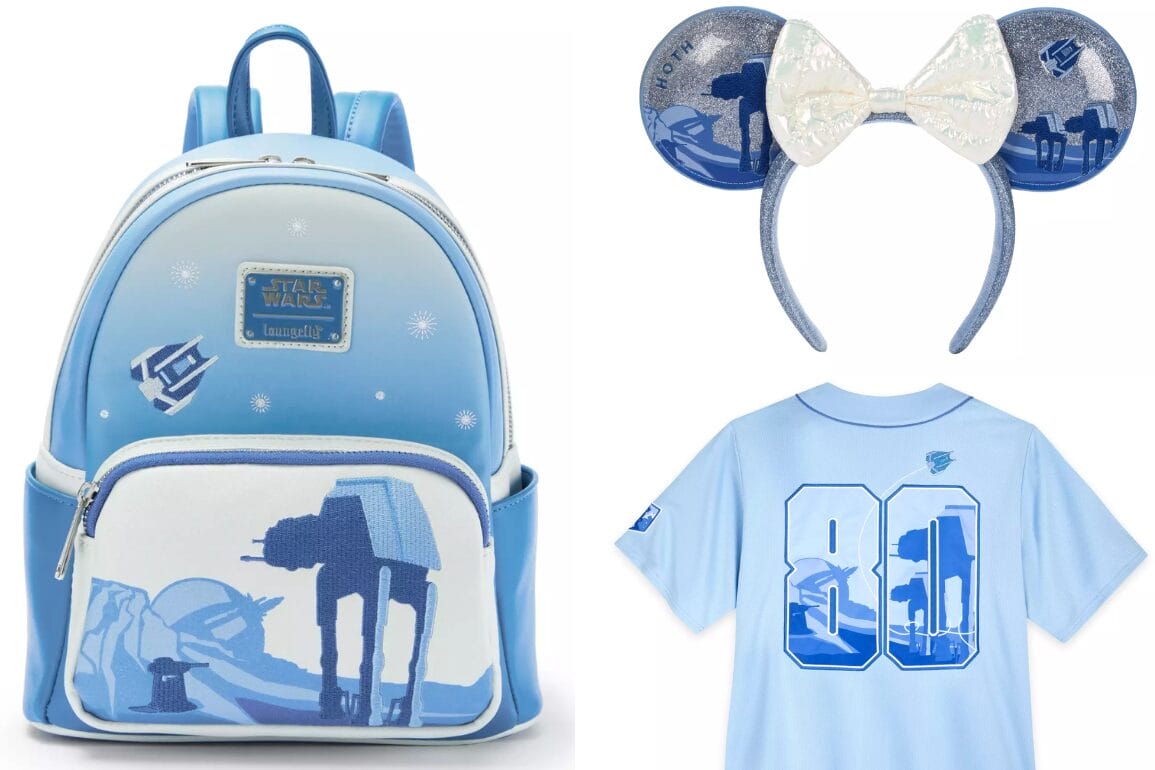 Light blue Star Wars backpack, mouse ears headband, and Hoth Apparel t-shirt with AT-AT walker snow design.