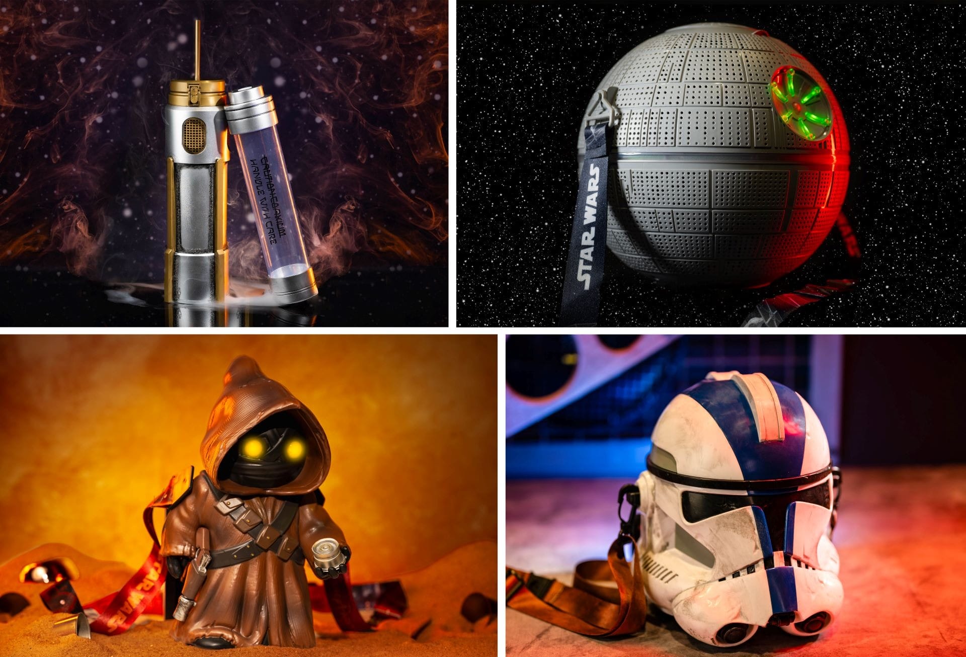 Four Star Wars-themed objects: a drink container, Death Star bag, Jawa figure, and a Clone Trooper helmet.