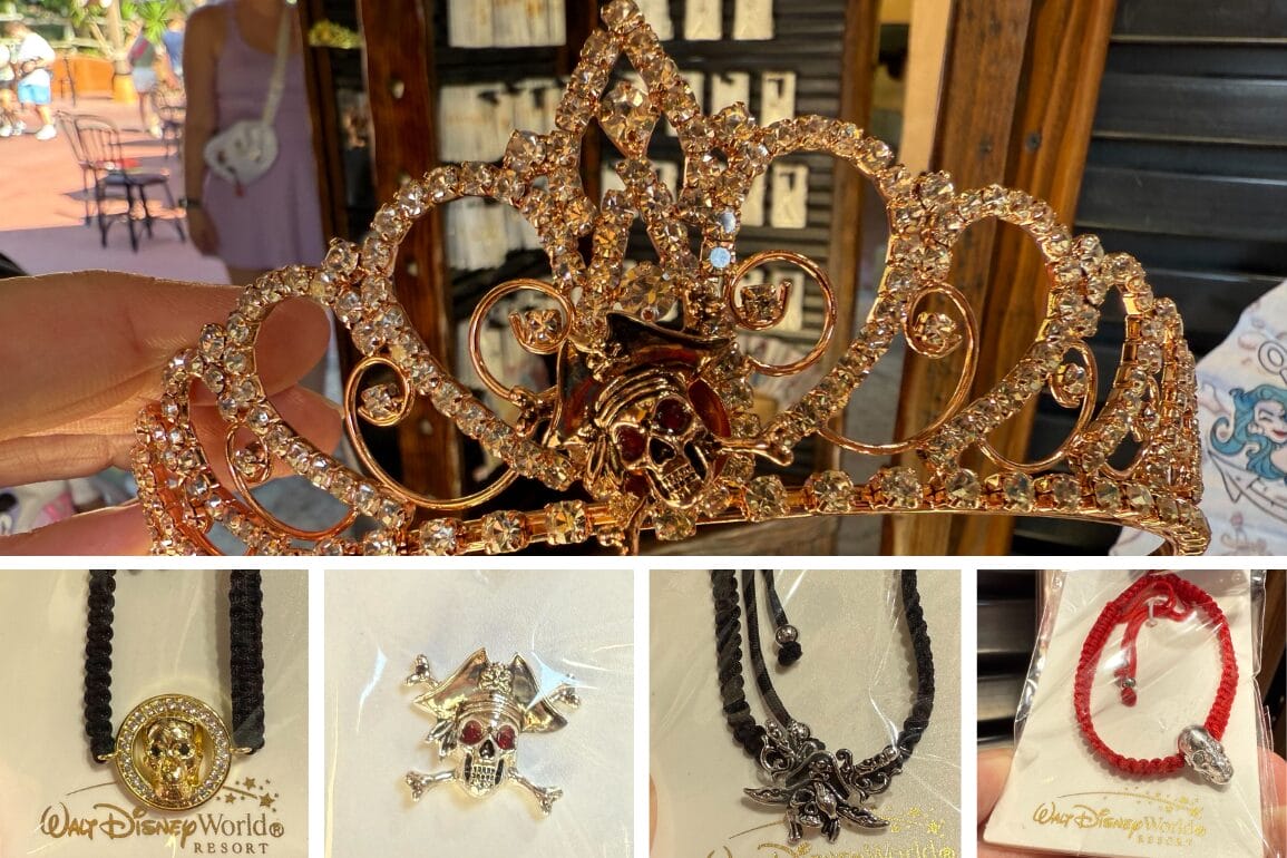 Pirate Jewelry: A jeweled gold pirate-themed tiara and necklaces on display at Magic Kingdom's Arribas Brothers.